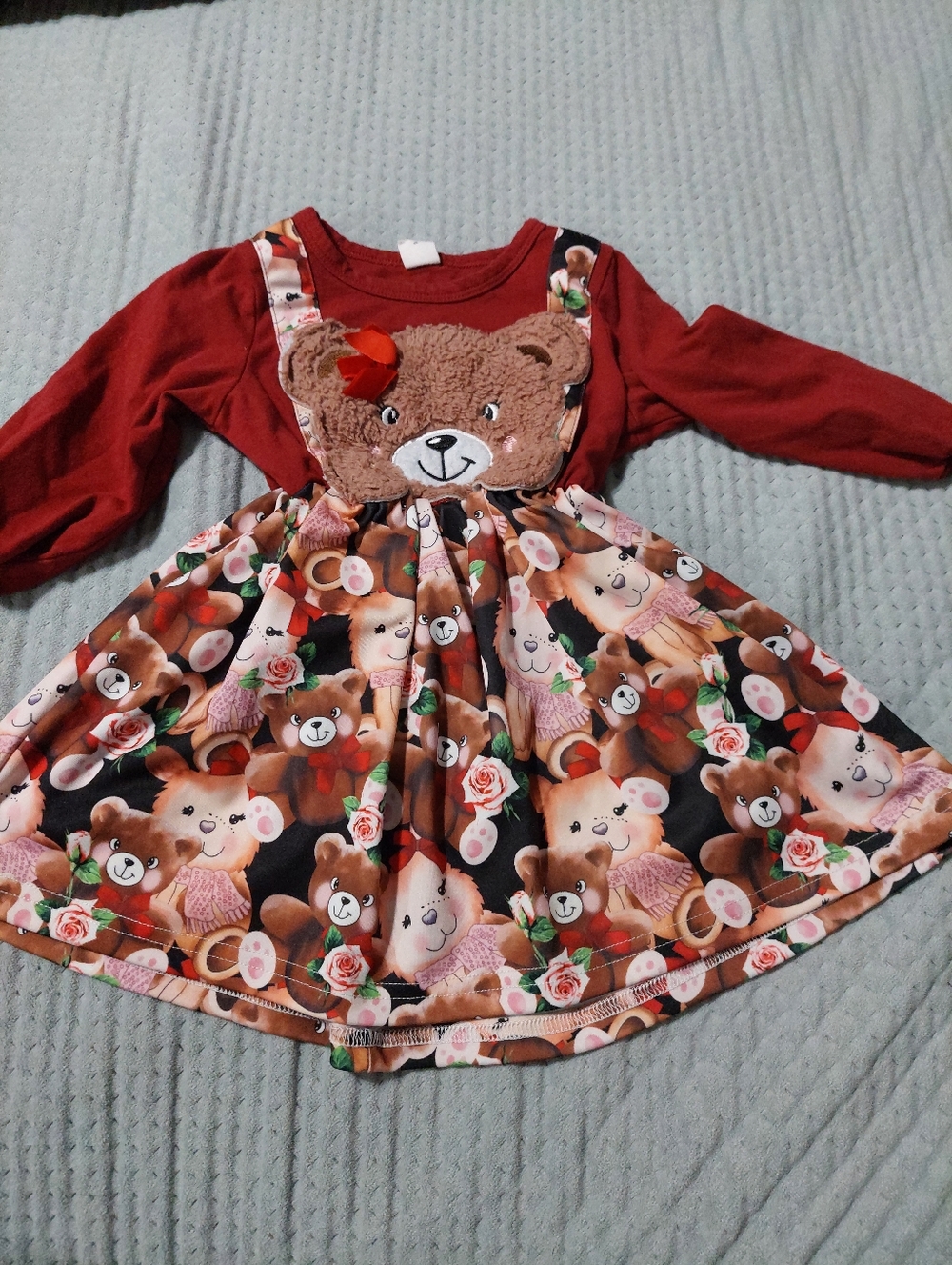 SHEIN Red Girls Long-Sleeve Dress with Teddy Bear Detail